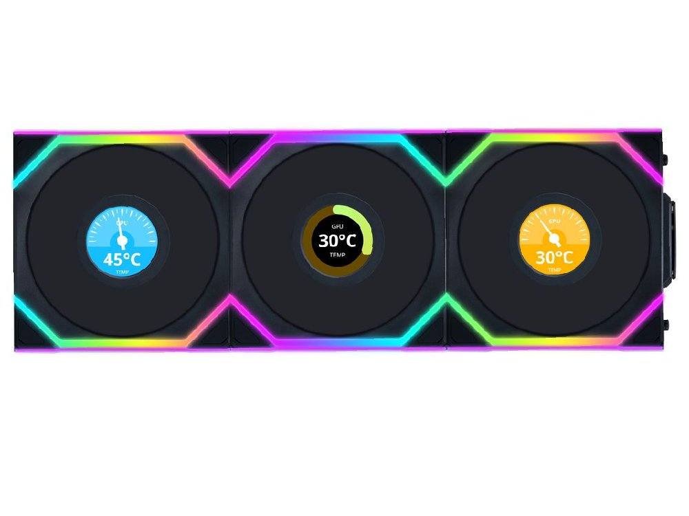 Lian Li Uni Fan SL Wireless LCD 120mm ARGB PWM Reverse Blade Fan - Black (3-Pack w/ Controller)