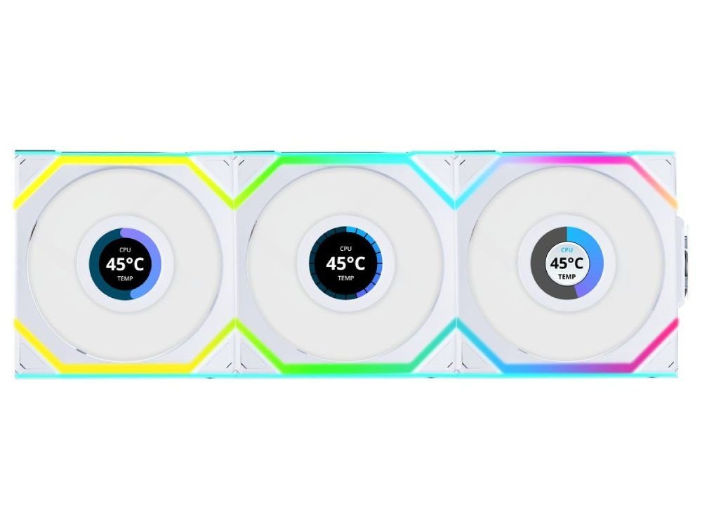 Lian Li Uni Fan SL Wireless LCD 120mm ARGB PWM Reverse Blade Fan - White (3-Pack w/ Controller)