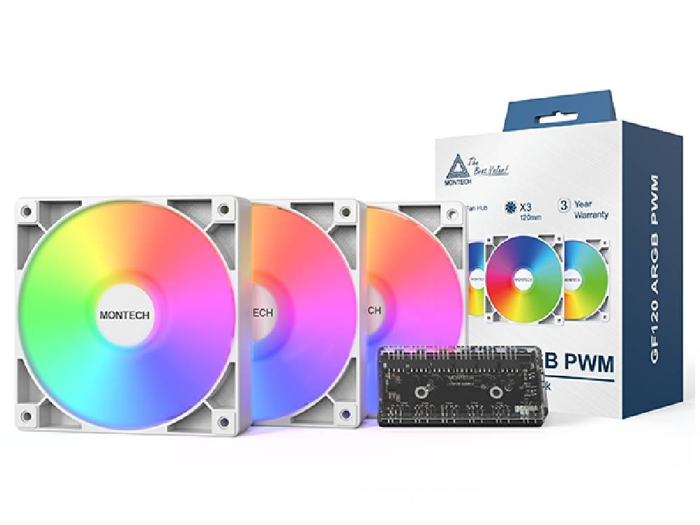 Montech GF120 ARGB 120mm PWM Fan with Fan Hub - White (3-Pack)