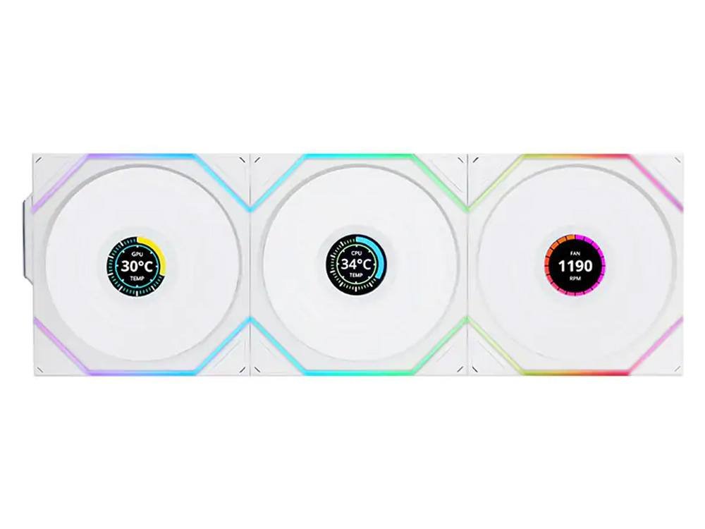 Lian Li Uni Fan TL120 LCD Reverse Blade Wireless ARGB 120mm Fan - White (3-Pack)