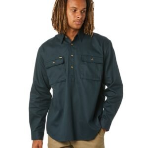 Closed Front Mens Cotton Drill LS Shirt – Bottle Green