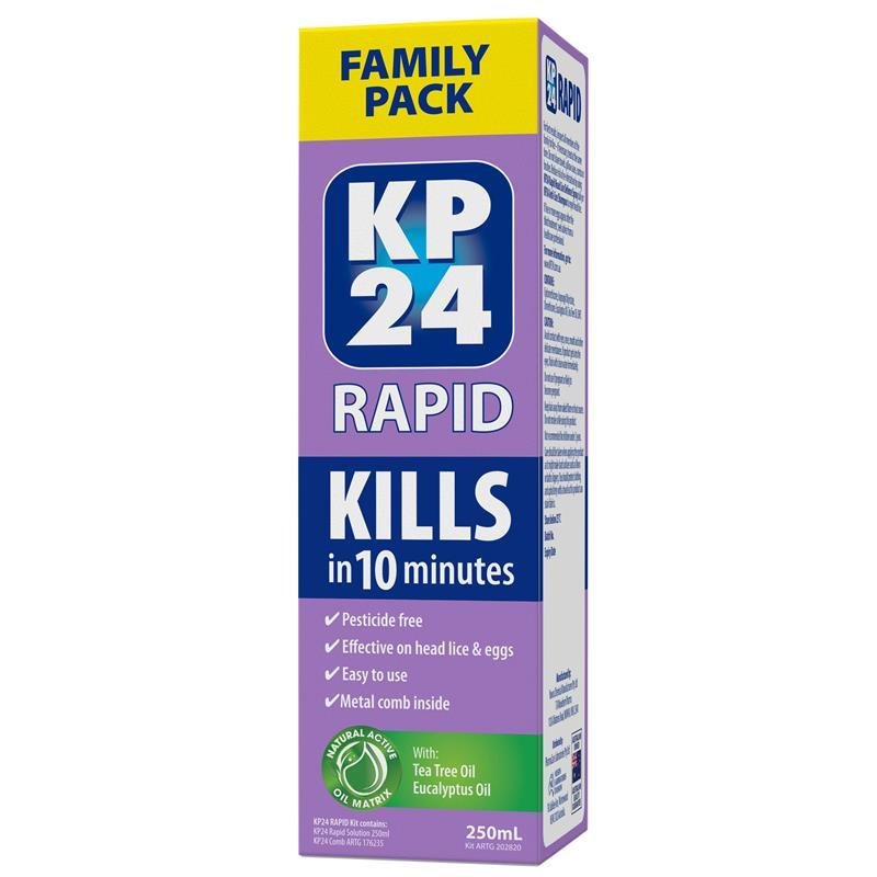 KP24 Rapid 10 Minute Head Lice/Nit Solution 250ml with Comb Family Pack