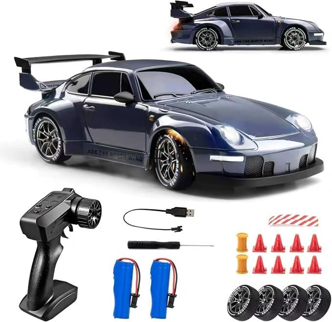 RC Drift Car, 1:24 Scale Remote Control Vehicle with LED Lights, 2.4GHz 20KM/H 4WD High Speed RC Cars, Drifting Tires＆Two Batteries, Racing Sports Toy Idea Great for Adults Boys Girls and Kids