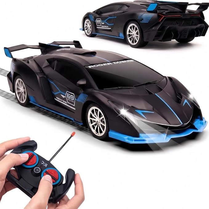 Boy Drift Remote Control Car, 1/18 Scale Remote Control Car Toy, Children's High Speed with Headlights (Black Blue)