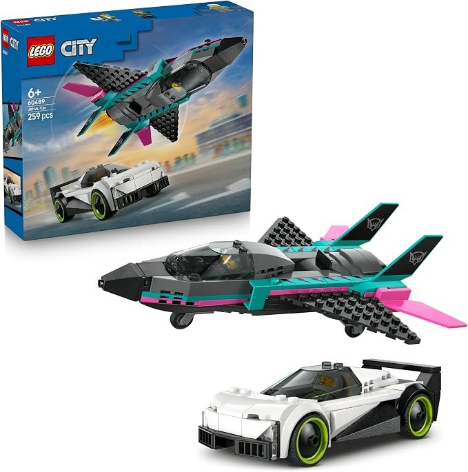 LEGO® City Jet vs. Car 60489 Jet and Supercar Racing Playset for Boys and Girls Aged 6+ Who Love Fast Cars and Model Airplanes - Driver and Pilot Minifigures - Small Toy Idea for Kids’ Birthdays