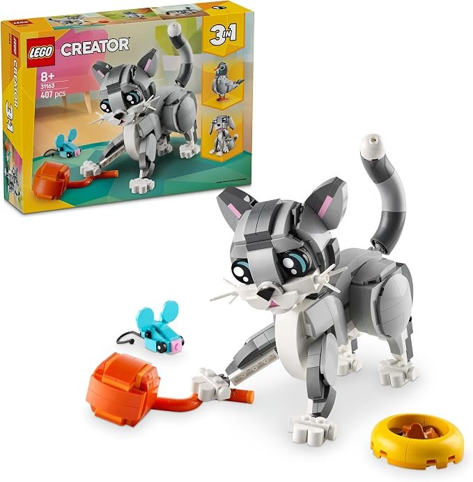 LEGO Creator 3in1 Playful Cat Toy for 8+ Year Old Girls & Boys, Construction Kit Rebuilds into a Pigeon or Pet Dog Animal Figure, Nature Kids Toy Building Set 31163