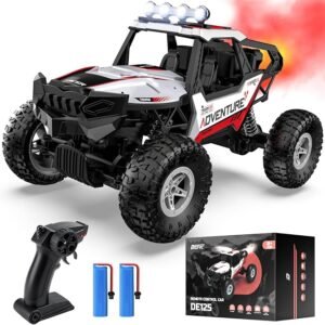 DEERC DE125 1:14 RC Rock Crawler, 4WD Remote Control Off-Road Monster Truck with Mist Spray, Metal Shell, LED Lights, 2.4GHz All-Terrain Car, 2 Batteries, Gifts for Kids & Adults