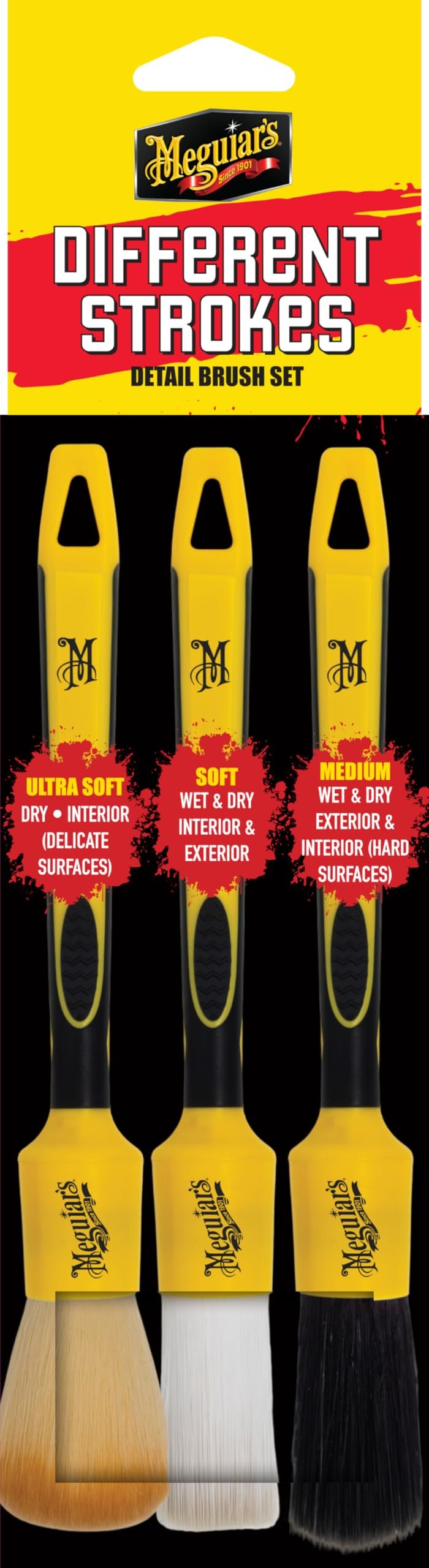Meguiar’s Long-Lasting & Chemical-Resistant Different Strokes Detail Brush Set | Versatile Interior & Exterior Cleaning | Scratch-Free, Hard-to-Reach Areas | 3 Bristle Types