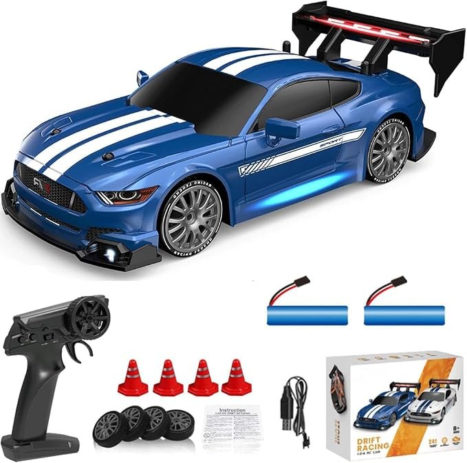 RC Drift Car, 1:24 Scale Remote Control Vehicle for Kids,4WD 2.4GHz 30KM/H High Speed RC Cars with LED Light, Drifting Tires Racing Sport Toy Cars for Adults Boys Girls Kids Gift (Blue)