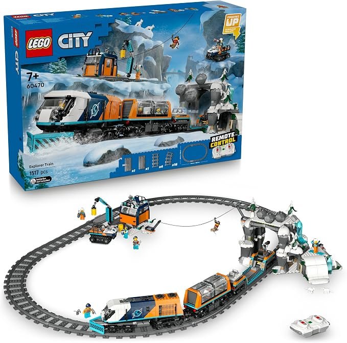 LEGO® City Explorers’ Arctic Polar Express Train 60470 Set for Fans of STEM Toys and Pretend Play Aged 7 and Up, Motorized Locomotive with 2 Cars, 6 Minifigures, 2 Arctic Fox Figures and More