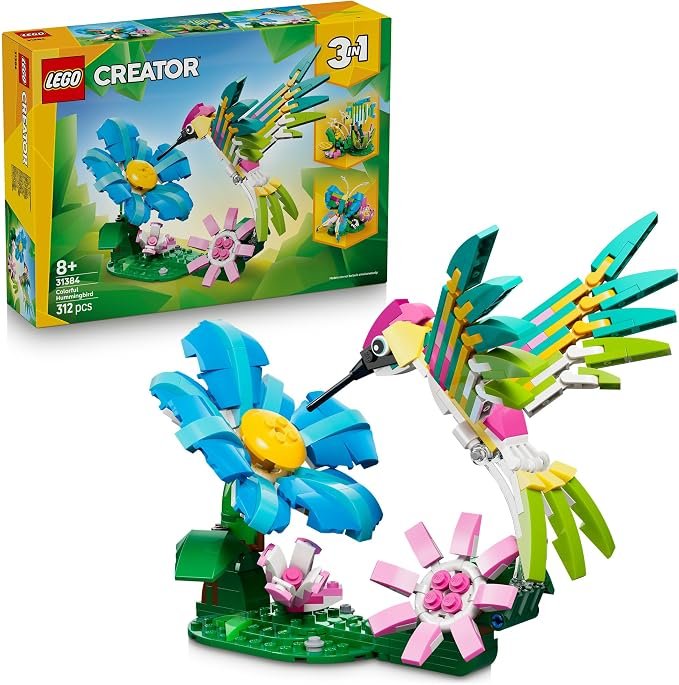 LEGO® Creator 3 in 1 Wild Animals: Colourful Hummingbird 31384 Nature Decor - Building Set with 3 Options, Hummingbird, Butterfly or Fish - Animal Figures for Kids Aged 8+ - Toy for Girls and Boys