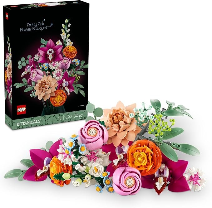 LEGO Botanicals Pretty Pink Flower Bouquet Craft Kit for Adults, Model Building Set with Artificial Flowers incl. Roses & Daisies, Office or Home Decor Craft Kit for Women & Men 10342