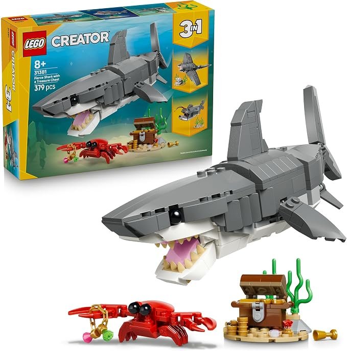 LEGO® Creator 3 in 1 Fierce Shark with a Treasure Chest 31381 Sea Animal Toys - Set with 3 Build Options, Shark, Anglerfish or Manta Ray - Figures for Kids Aged 8+ - Toy for Boys and Girls