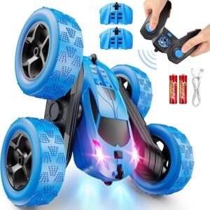 QUNREDA Remote Control Car, RC Cars Toys for Kids Ages 6-12, 4WD Stunt Car with LED Lights & 360° Flips, 2.4GHz, Upgraded USB-C Modular Batteries, Ideal Birthday Gift 8-10 Year Old Boys Blue