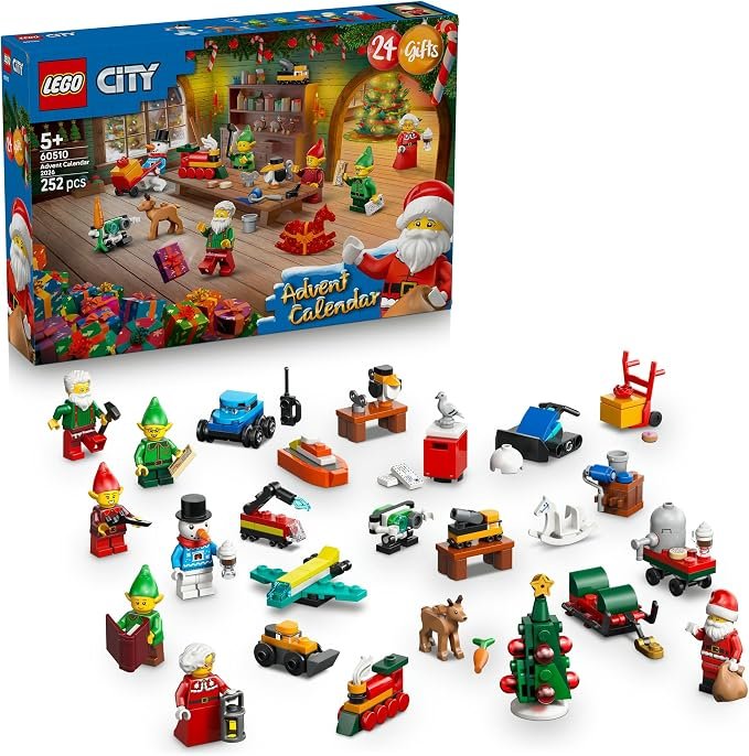 LEGO® City Advent Calendar 2026 60510 Santa’s Workshop Decorations - Santa, Mrs. Claus, 3 Elves and Snowman Minifigures - Baby Reindeer Figure - 24 Surprises - Christmas Toy for Kids Aged 5+