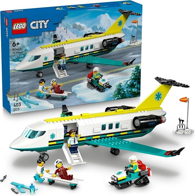 LEGO® City Emergency Air Ambulance Plane, Snow Scooter and Toy Airplane 60465 Building Set with Paramedic, Pilot, Doctor and Skier Minifigures, Fun Holiday or Birthday Toy Idea for Kids Aged 6 and up