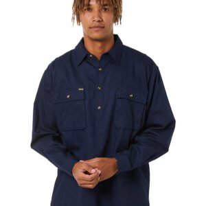 Closed Front Mens Cotton Drill LS Shirt – Navy