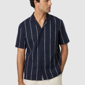 Navy Henty Textured Stripe Short Sleeve Shirt
