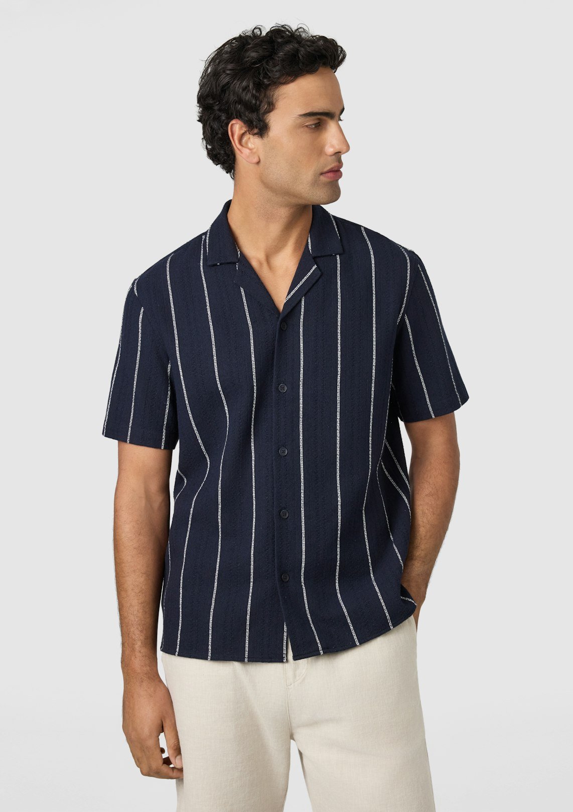 Navy Henty Textured Stripe Short Sleeve Shirt