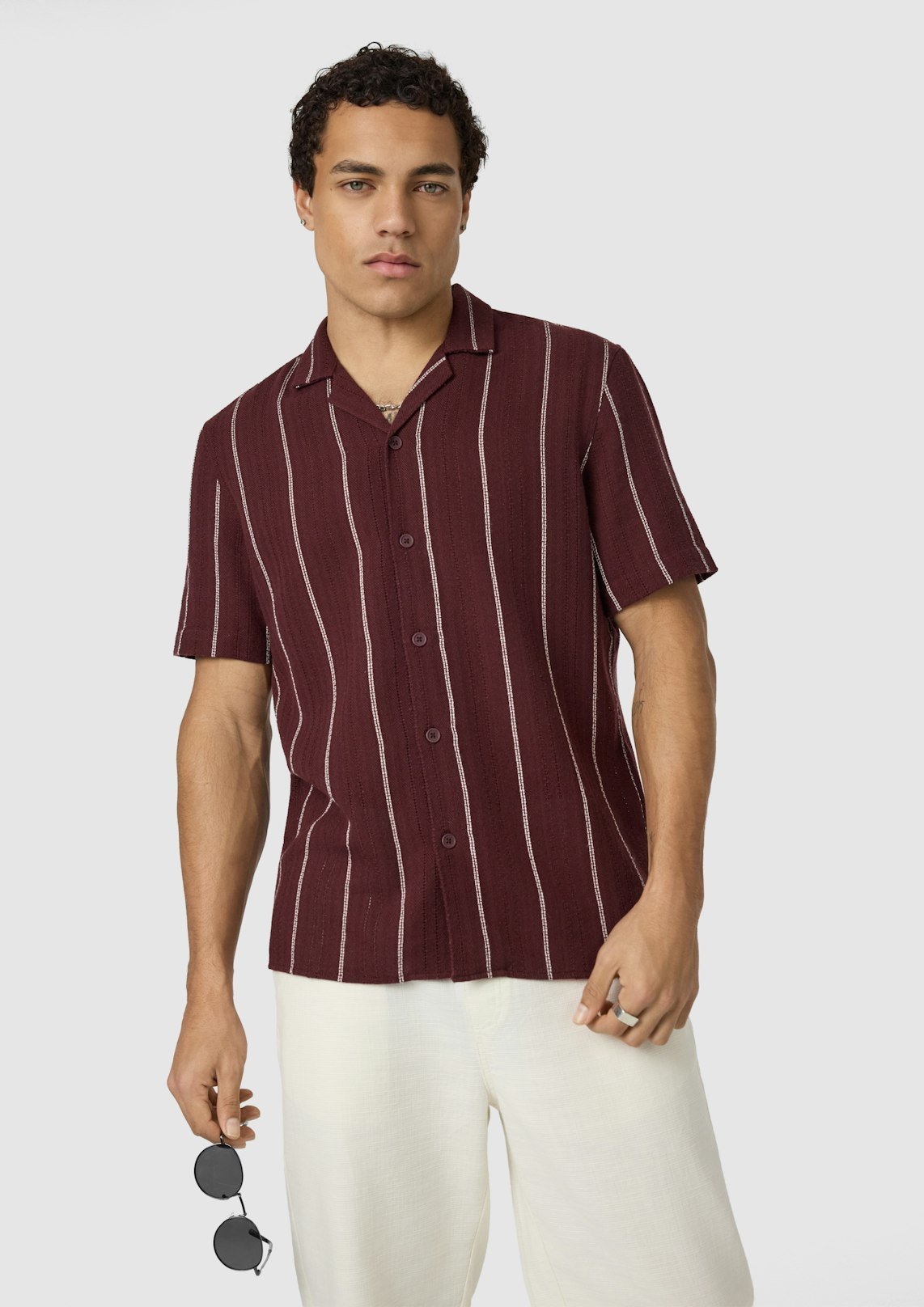 Wine Henty Textured Stripe Short Sleeve Shirt